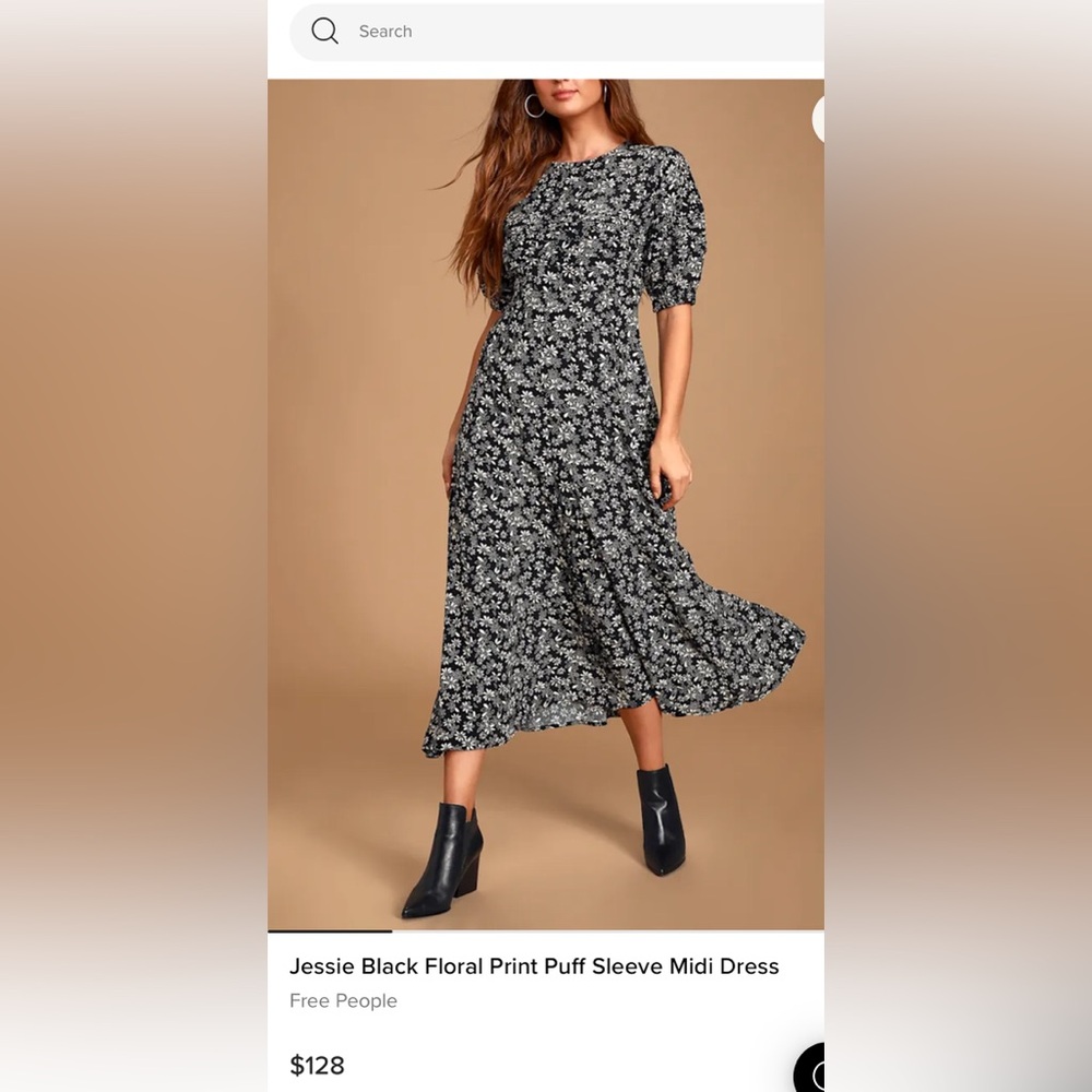 Free People Jessie Black Floral Print Puff Sleeve Midi Dress. Size 12